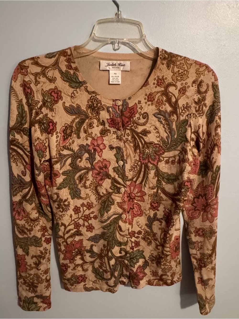 Judith Hart Floral Button-Up Cardigan in Beige, Pink & Green